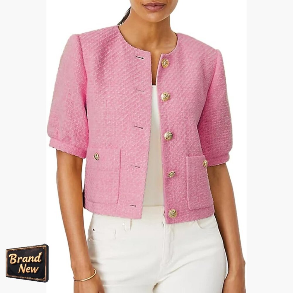 Cropped Tweed Blazer With Puff Sleeves For Office Work Slim Fit